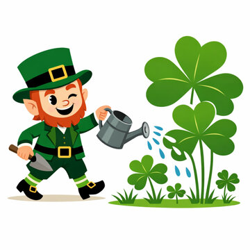 Retro leprechaun gardener watering oversized clovers illustration
