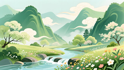 Green mountains and valley with spring stream