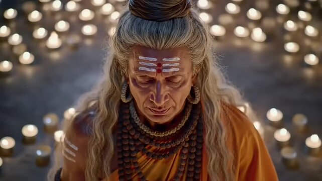 Hindu deity meditating with candles.