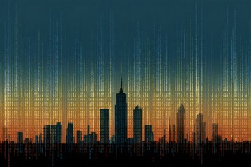 Silhouette cityscape with digital rain, gradients of orange and blue illuminate the scene