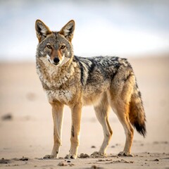 Fototapeta premium A stunning shot of a wild canine standing confidently on a sandy beach, gazing directly at the viewer