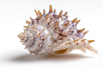 Macro photograph of a spiky, spiral shell with intricate textures and color on a white surface