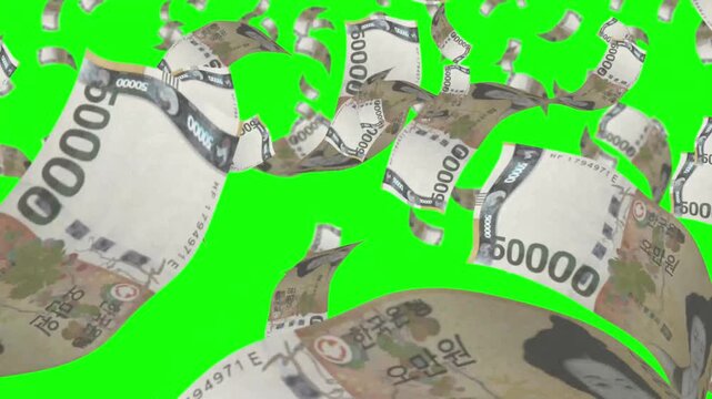 Money rain 1000 won korean banknotes money falling down. KR currency. 3D render. Animation. paper money bills falling. Business and finance