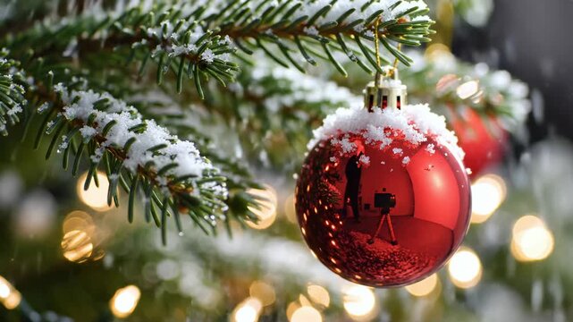 Holiday Cheer: A shimmering red ornament adorned with a delicate dusting of snow hangs gracefully from the festive branches of a Christmas tree.