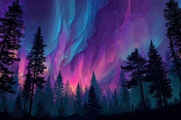 Stunning nightscape depicting vibrant Aurora Borealis shimmering over a silhouetted forest