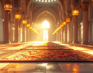 A serene Islamic mosque interior with symmetrical arches, lanterns, and a vibrant carpet leading to a bright entrance.