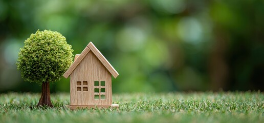 A miniature house next to a small tree on green grass, blurred natural greenery background