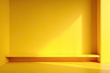 Modern, minimalist yellow interior with a built-in shelf and sunlight