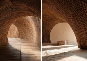 Two-panel interior views a corridor leading forward, and a light-filled space with seating