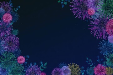 Vivid digital fireworks burst around a dark space, decorated with leaf-like details