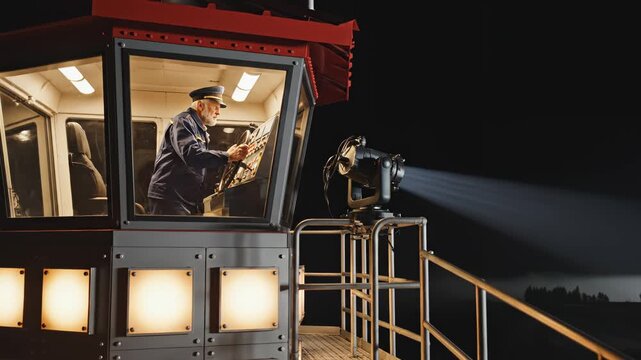 Train operator in control cabin at night