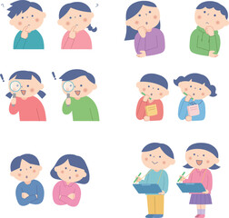 考え事をする子供たちのイラストセット