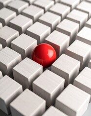 Fototapeta premium Unique Red Sphere Amidst Uniform White Cubes - A Study in Contrast.