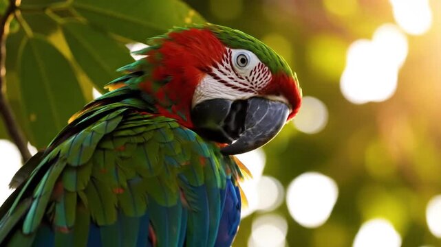 Vibrant Green and Red Macaw Parrot in Tropical Jungle Sunlight