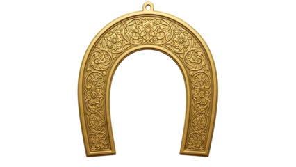 Luxurious golden horseshoe ornament featuring intricate embossed floral patterns, symbolizing good fortune and prosperity, isolated on a pristine white background for elegant design projects