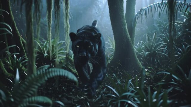 A powerful black panther, an apex predator, moves with silent grace through the vibrant and dense undergrowth of a humid rainforest.