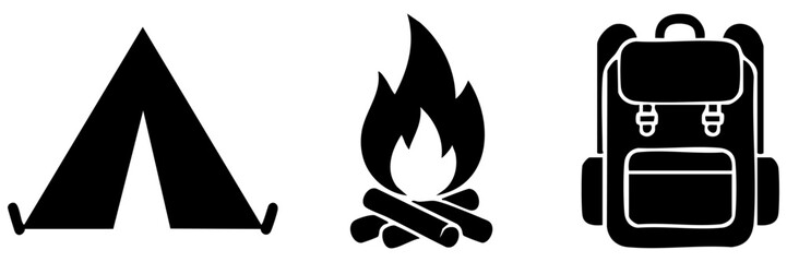 Camping essentials: tent, fire, backpack isolated on transparent background, Vector