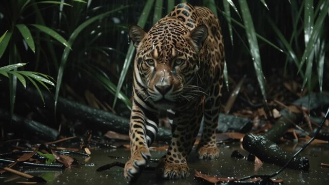 A magnificent jaguar with striking rosettes stands resiliently in the tropical rain, its powerful gaze reflecting the wild.