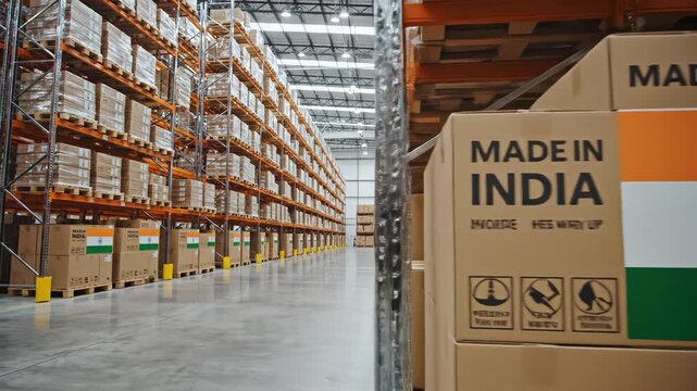 Warehouse with boxes labeled Made in India