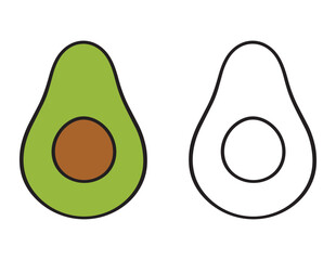 Avocado Coloring Sheet for Kids. Simple cartoon fruit with Colored Example and Outline for toddlers and preschoolers 