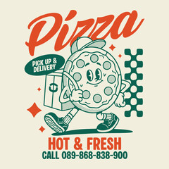 Fototapeta premium Vintage cartoon illustration of pizza vector t shirt design, vector graphic, typographic poster or tshirts street wear and Urban style