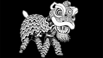 Traditional Chinese Lion Dance Performer in Black and White.