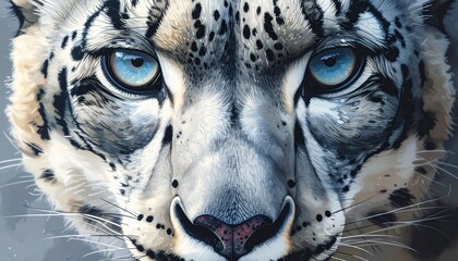 Close-up portrait of majestic snow leopard with piercing blue eyes in wild nature