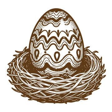 Drawing Vintage grunge  texture Easter egg in a nest on white background