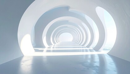 Obraz premium Futuristic, white, curved tunnel open to a bright horizon