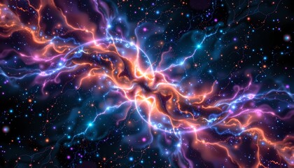 This is an artistic digital rendering of a nebula filled with swirling colors and vibrant patterns that mimic the appearance of co