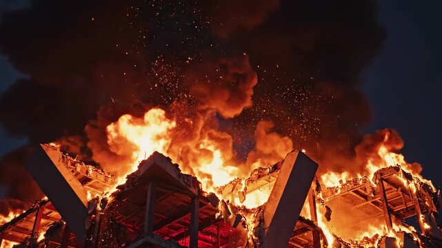 Burning Building: Flames engulf a structure, illuminating the night sky with a fiery display of destruction.