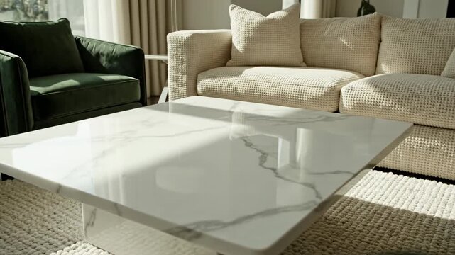 Luxurious Living Room: Modern and stylish living room showcasing a marble-top coffee table, comfortable sofa and elegant design.