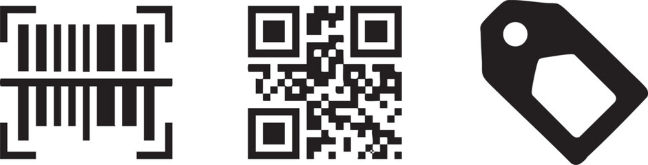 Three barcode and tag symbols isolated on transparent background, Vector