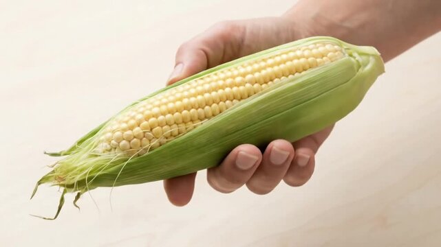 Close-up of hand holding fresh raw sweet corn on the cob over wooden table