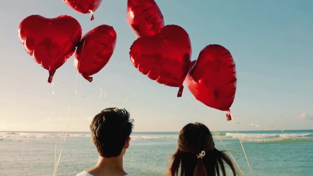 Young couple standing on a sunny beach holding strings attached to several red heart-shaped balloons that float in the clear sky