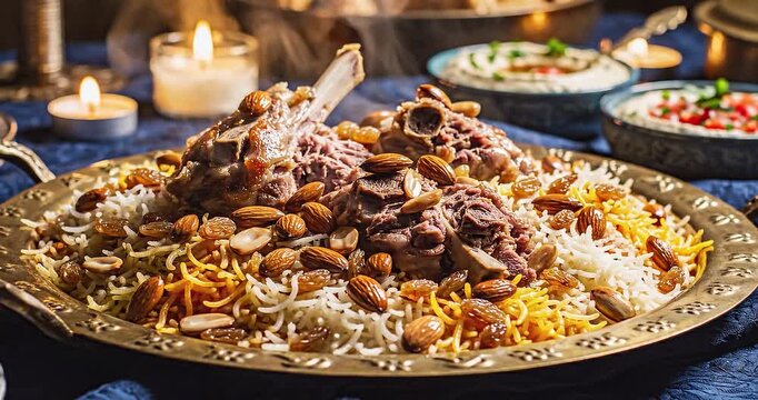 A grand platter of traditional Middle Eastern rice and lamb dish, garnished with almonds and served with candles in a warm setting.