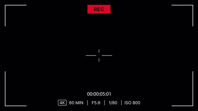 Cinematic recording screen overlay with REC indicator, minimal frame, crosshair, timecode counter, camera settings. Videography device&nbsp;focus screen. camera viewfinder overlay. Alpha channel. 4K Video
