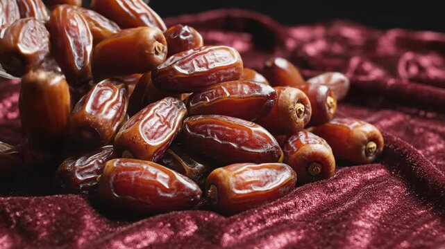 Dates in Elegance: A close-up shot presents a pile of succulent dates, their rich, brown skin glistening against a luxurious, textured backdrop.