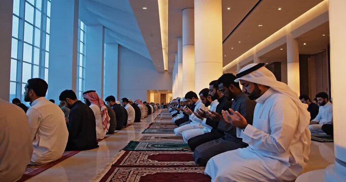 Muslim men in traditional attire performing prayer in rows inside a modern mosque with large windows and soft lighting.