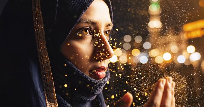 A Muslim woman in a hijab praying with golden particles shimmering around her face, against a blurred background of a holy site at night, evoking a sense of spiritual devotion and wonder.