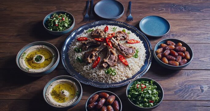 A large platter of Middle Eastern rice and lamb chops surrounded by bowls of hummus, tabbouleh, and dates on a wooden table, ready to be served.