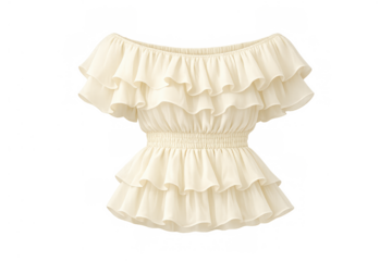 Cream off-shoulder ruffled blouse with smocked waist and peplum design, a fashionable women's garment for summer styling