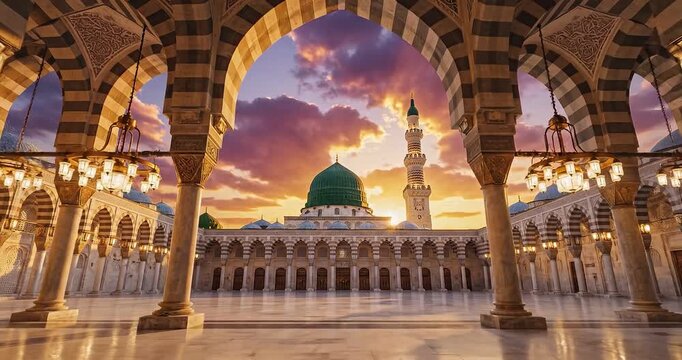 Grand Islamic mosque with green dome and minaret at sunset, viewed through ornate arches.