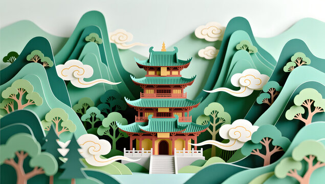 Serene mountain temple hidden among swirling auspicious clouds