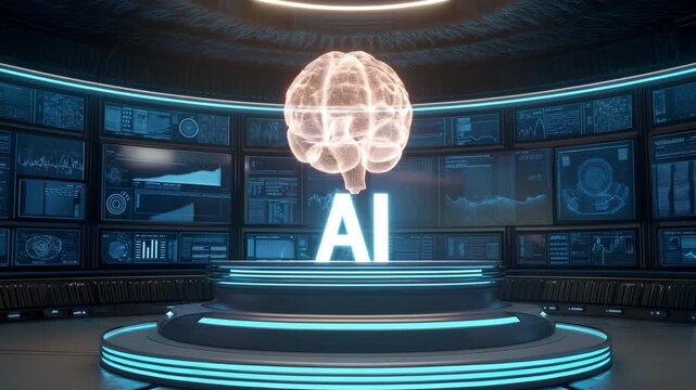 futuristic AI Brain in the Advanced Control Room represents the strength of contemporary AI systems, sophisticated computing, and data processing.
