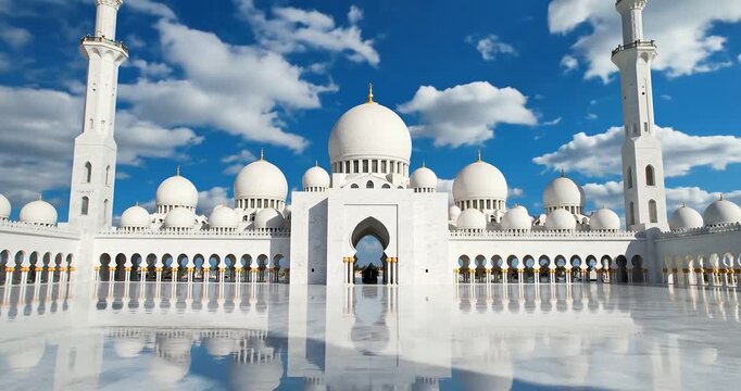 The majestic Sheikh Zayed Grand Mosque in Abu Dhabi, United Arab Emirates, with its stunning white marble architecture reflecting under a vibrant blue sky.