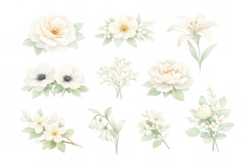 Watercolor white floral elements with leaves and branches, including roses, lilies, peonies, and anemones, on transparent background