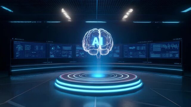 futuristic AI Brain in the Advanced Control Room represents the strength of contemporary AI systems, sophisticated computing, and data processing.