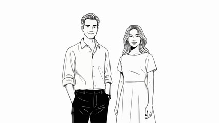Couple Standing Together Smiling Black and White Illustration.