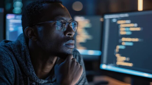 A focused person gazing at computer screens with code reflections in glasses.